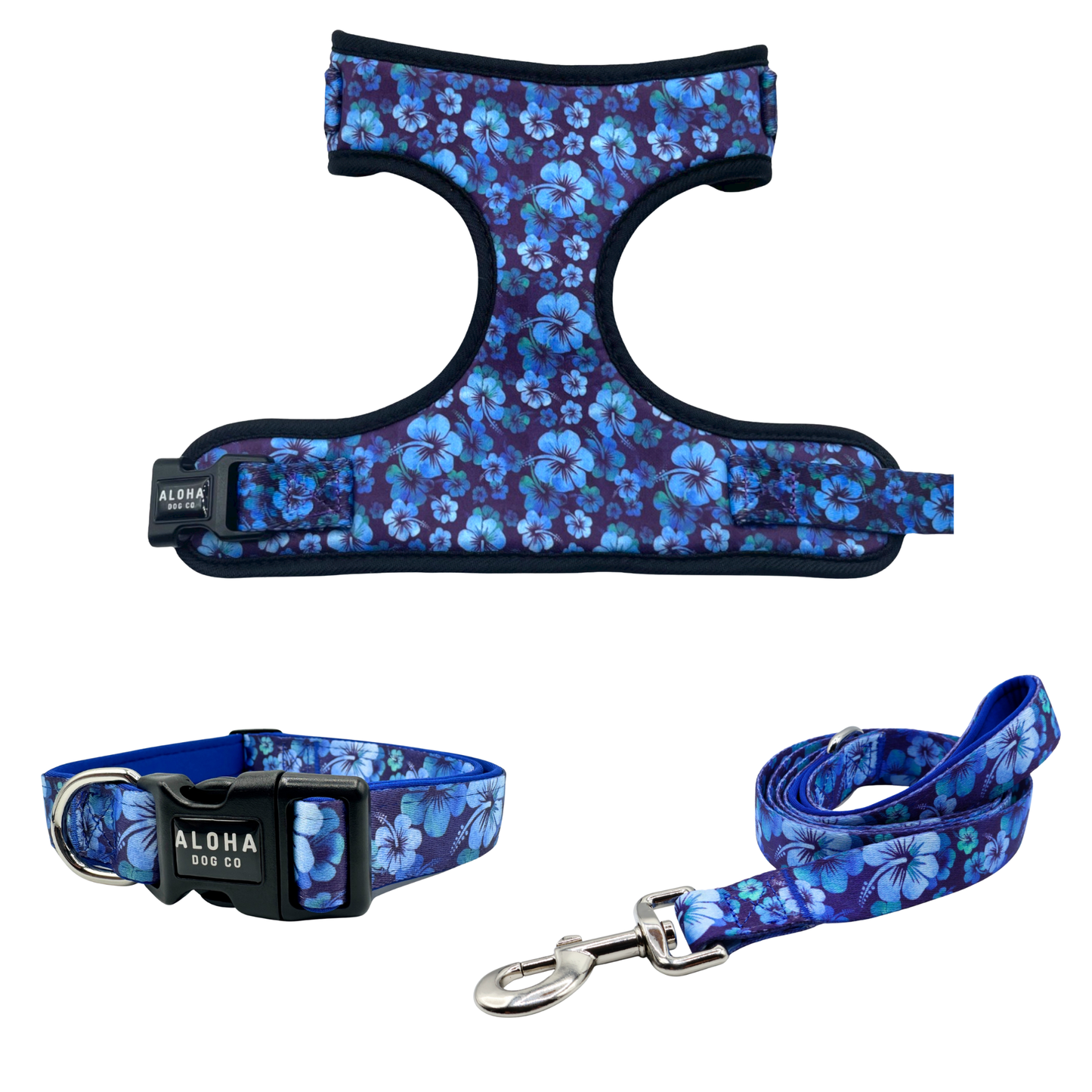 Blue Hawaiian Tropics Collar, Leash & Harness Bundle